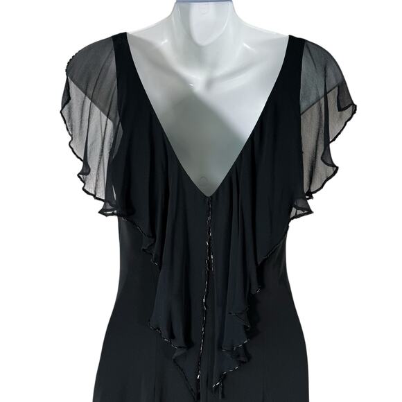 Jones NY Black Formal Maxi Dress Sz 8 Silk Trim Flutter Sleeve Gala V Neck Beads - Picture 10 of 15